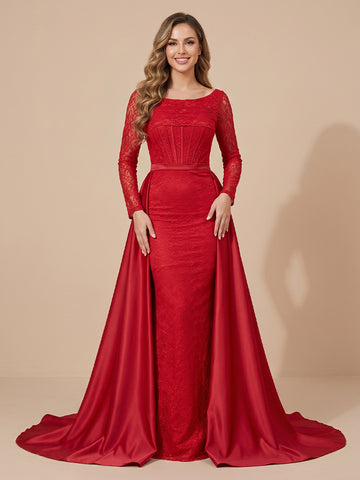 A Line Scoop Neck Satin Long Sleeves Lace Applique Corset Evening Dresses