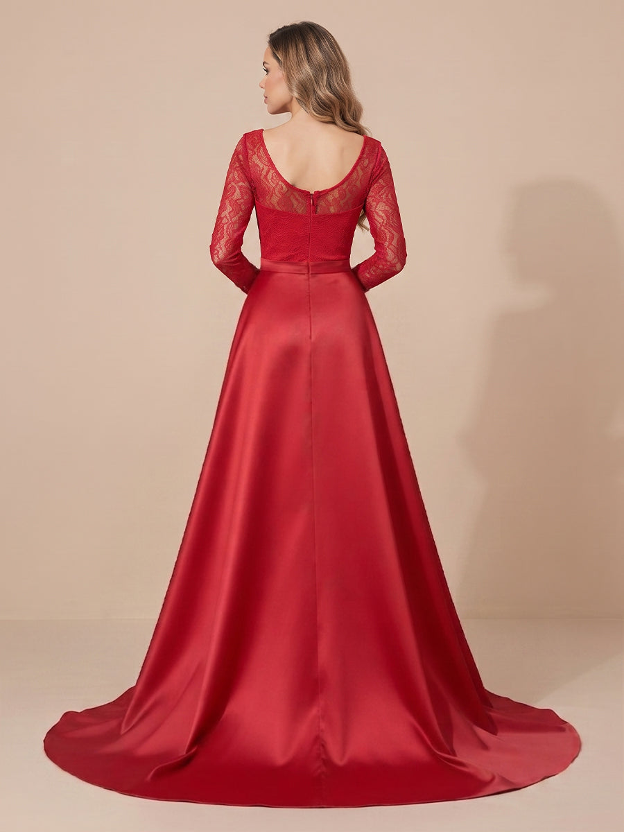 A Line Scoop Neck Satin Long Sleeves Lace Applique Corset Evening Dresses