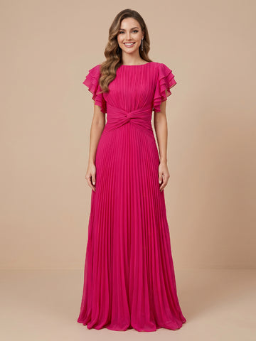 Jewel Chiffon A Line Short Sleeves Wedding Guest Dresses with Pleated