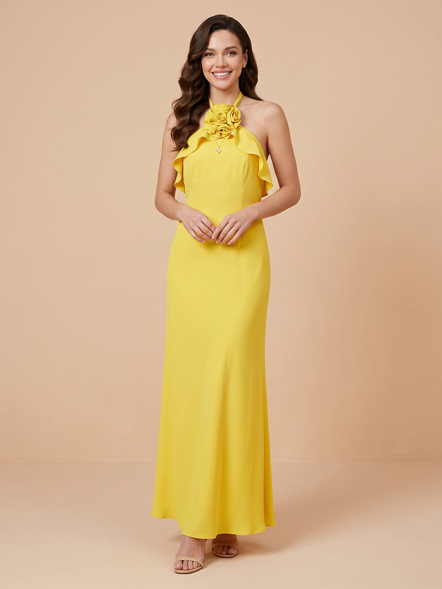 Satin Mermaid Halter Sleeveless Ruffles Wedding Guest Dresses