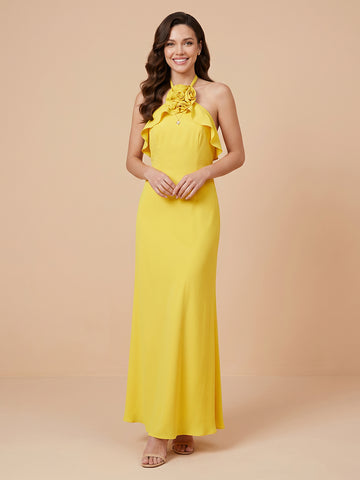 Satin Mermaid Halter Sleeveless Ruffles Wedding Guest Dresses