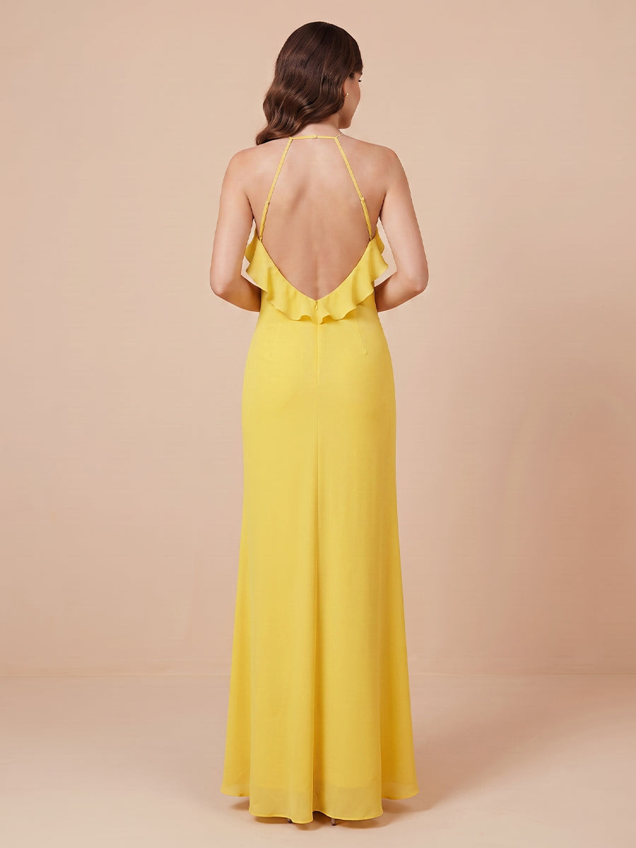 Satin Mermaid Halter Sleeveless Ruffles Wedding Guest Dresses