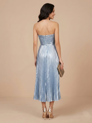 Strapless Satin A Line Sleeveless Metallic Wedding Guest Dresses with Pleated