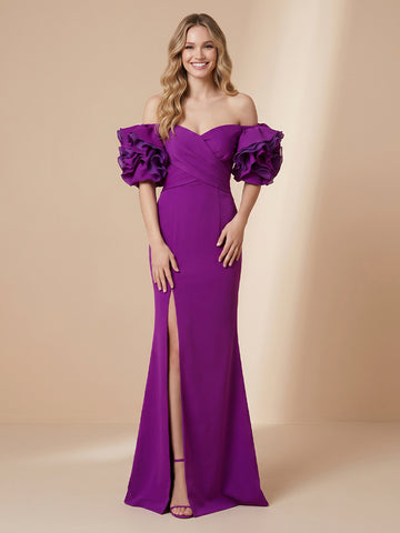 Off the Shoulder Satin Mermaid Sleeveless Evening Dresses with Slit