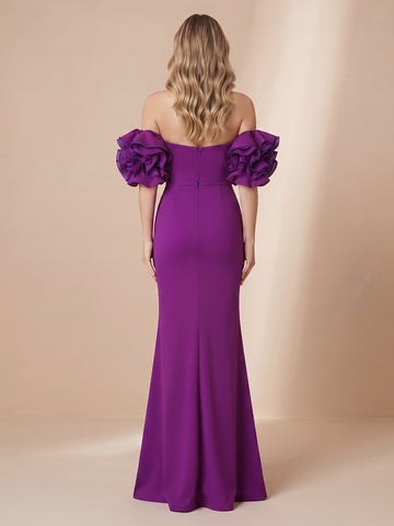 Off the Shoulder Satin Mermaid Sleeveless Evening Dresses with Slit