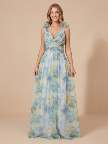 Chiffon A Line V Neck Sleeveless Floral Print Evening Dresses
