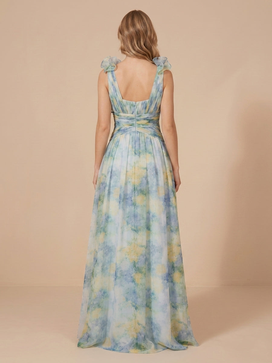 Chiffon A Line V Neck Sleeveless Floral Print Evening Dresses