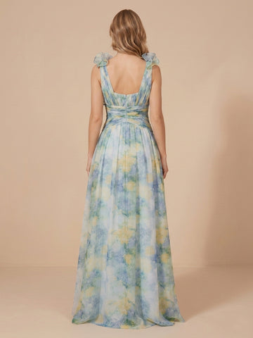 Chiffon A Line V Neck Sleeveless Floral Print Evening Dresses