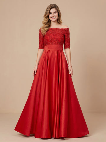 A Line Off the Shoulder Satin Half Sleeves Lace Applique Wedding Guest Dresses