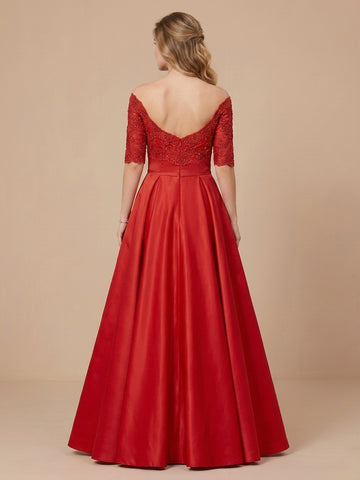 A Line Off the Shoulder Satin Half Sleeves Lace Applique Wedding Guest Dresses