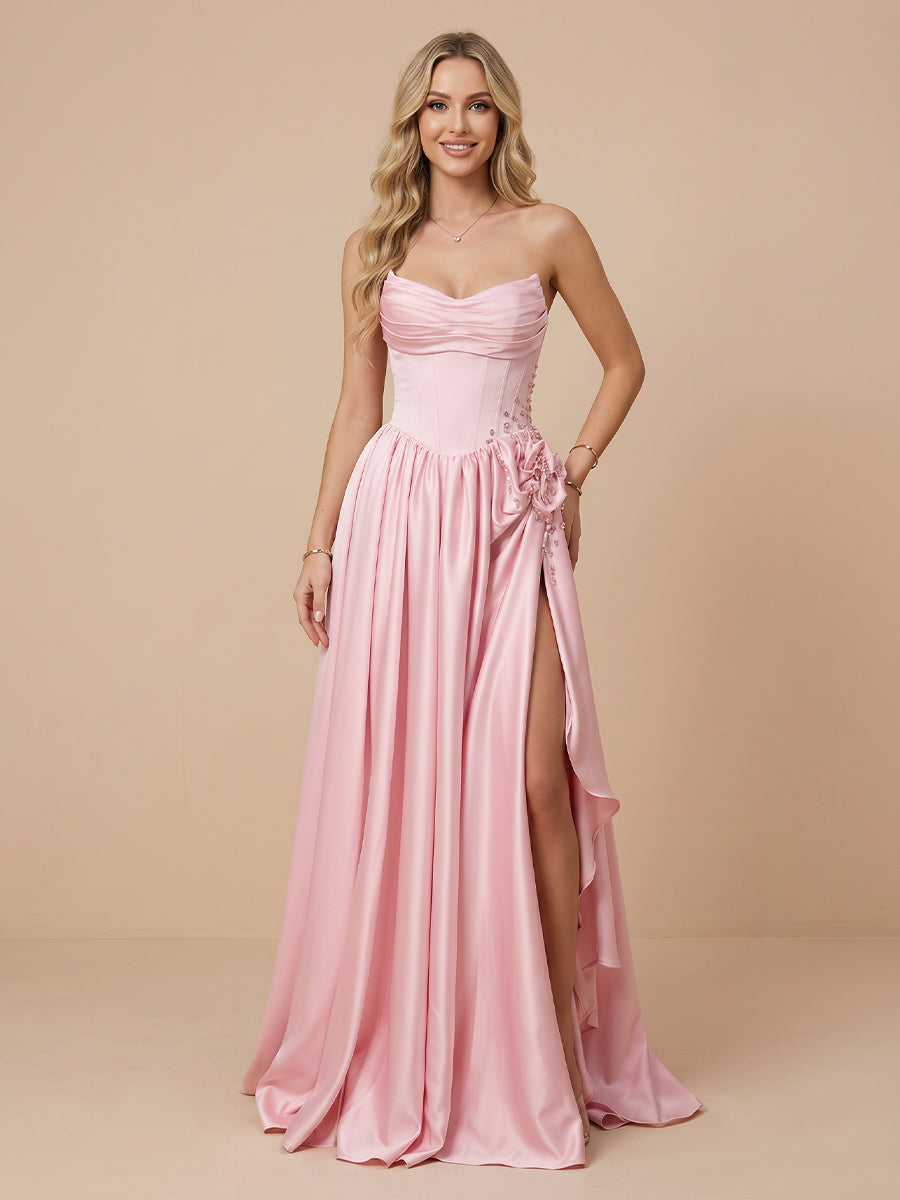 Strapless Satin A Line Sleeveless Corset Wedding Guest Dresses with Slit
