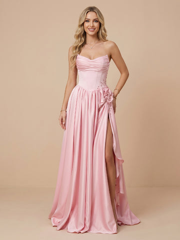 Strapless Satin A Line Sleeveless Corset Wedding Guest Dresses with Slit