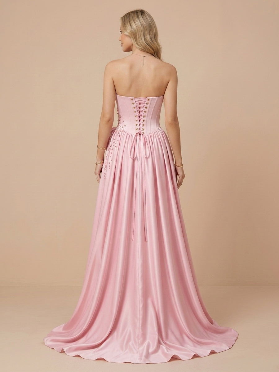 Strapless Satin A Line Sleeveless Corset Wedding Guest Dresses with Slit