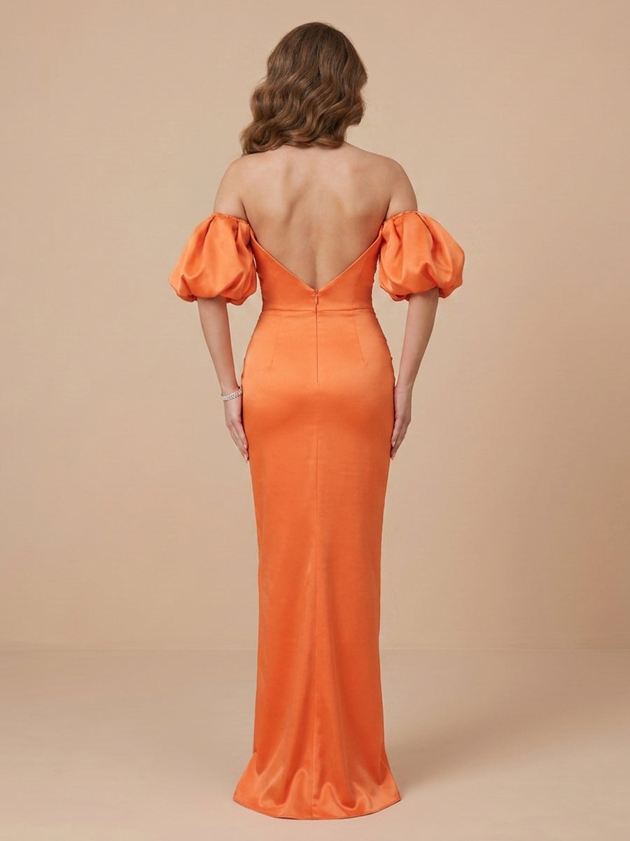 Sheath Satin Off the Shoulder Short Sleeves Wedding Guest Dresses