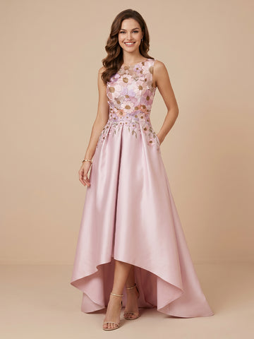 Scoop Neck Satin A Line Sleeveless Embroidery Wedding Guest Dresses
