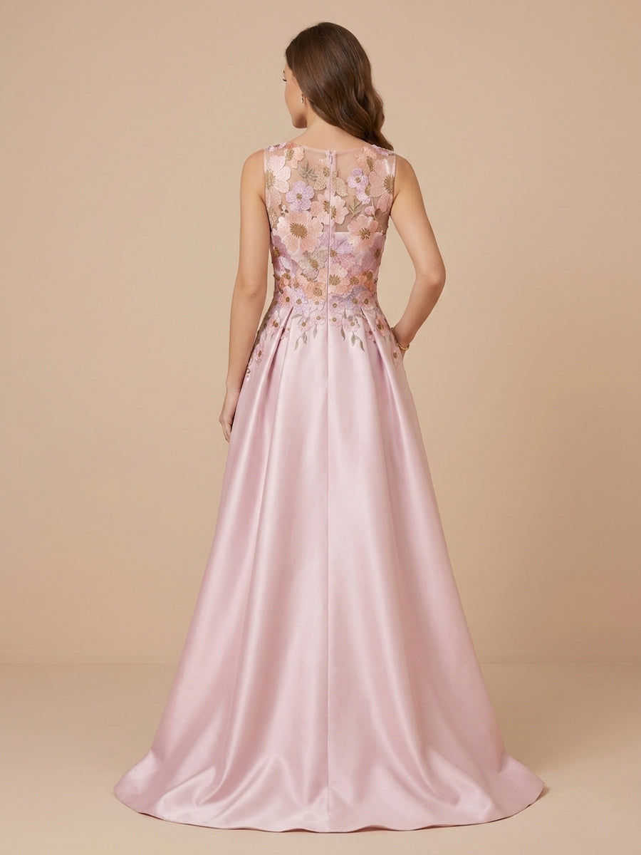 Scoop Neck Satin A Line Sleeveless Embroidery Wedding Guest Dresses