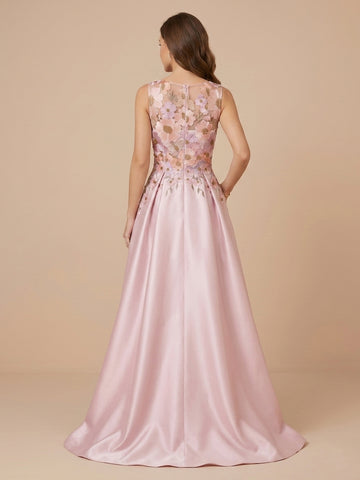 Scoop Neck Satin A Line Sleeveless Embroidery Wedding Guest Dresses