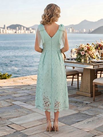 Lace A Line V Neck Sleeveless Long Wedding Guest Dresses with Bow Straps