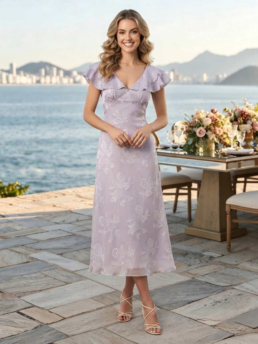 Floral Print A Line V Neck Flutter Sleeves Long Wedding Guest Dresses