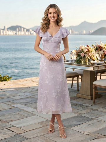 Floral Print A Line V Neck Flutter Sleeves Long Wedding Guest Dresses