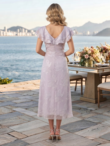 Floral Print A Line V Neck Flutter Sleeves Long Wedding Guest Dresses