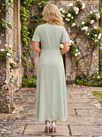 Chiffon A Line V Neck Short Sleeves Long Wedding Guest Dresses with belt