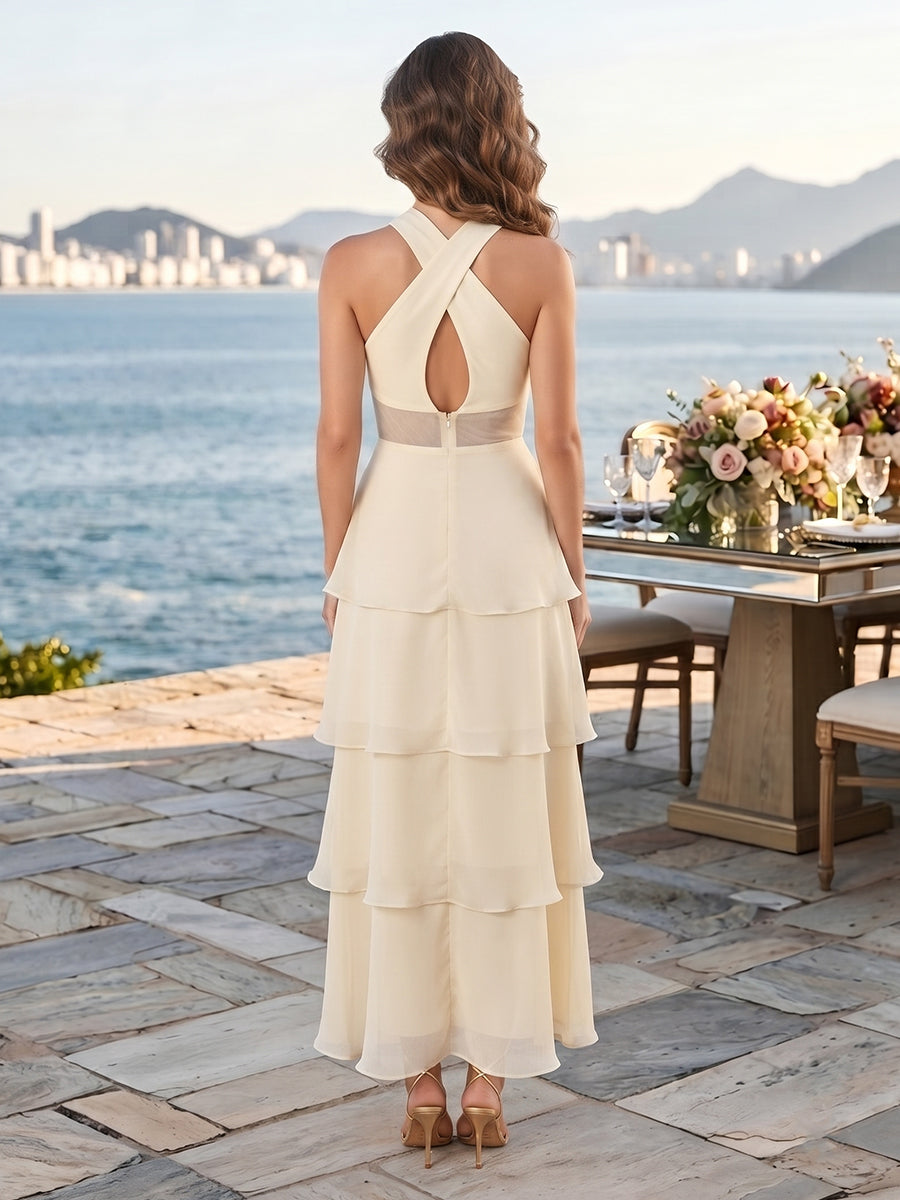 Chiffon A Line Halter Sleeveless Tiered Ruffles Long Wedding Guest Dresses