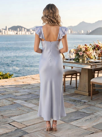 Satin A Line V Neck Flutter Sleeves Long Wedding Guest Dresses