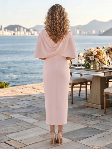 Chiffon Sleeveless Long Wedding Guest Dresses with Cape