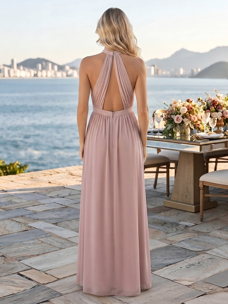 Chiffon A Line Halter Sleeveless Long Wedding Guest Dresses