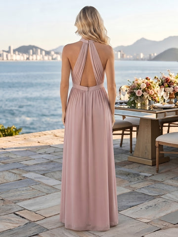 Chiffon A Line Halter Sleeveless Long Wedding Guest Dresses