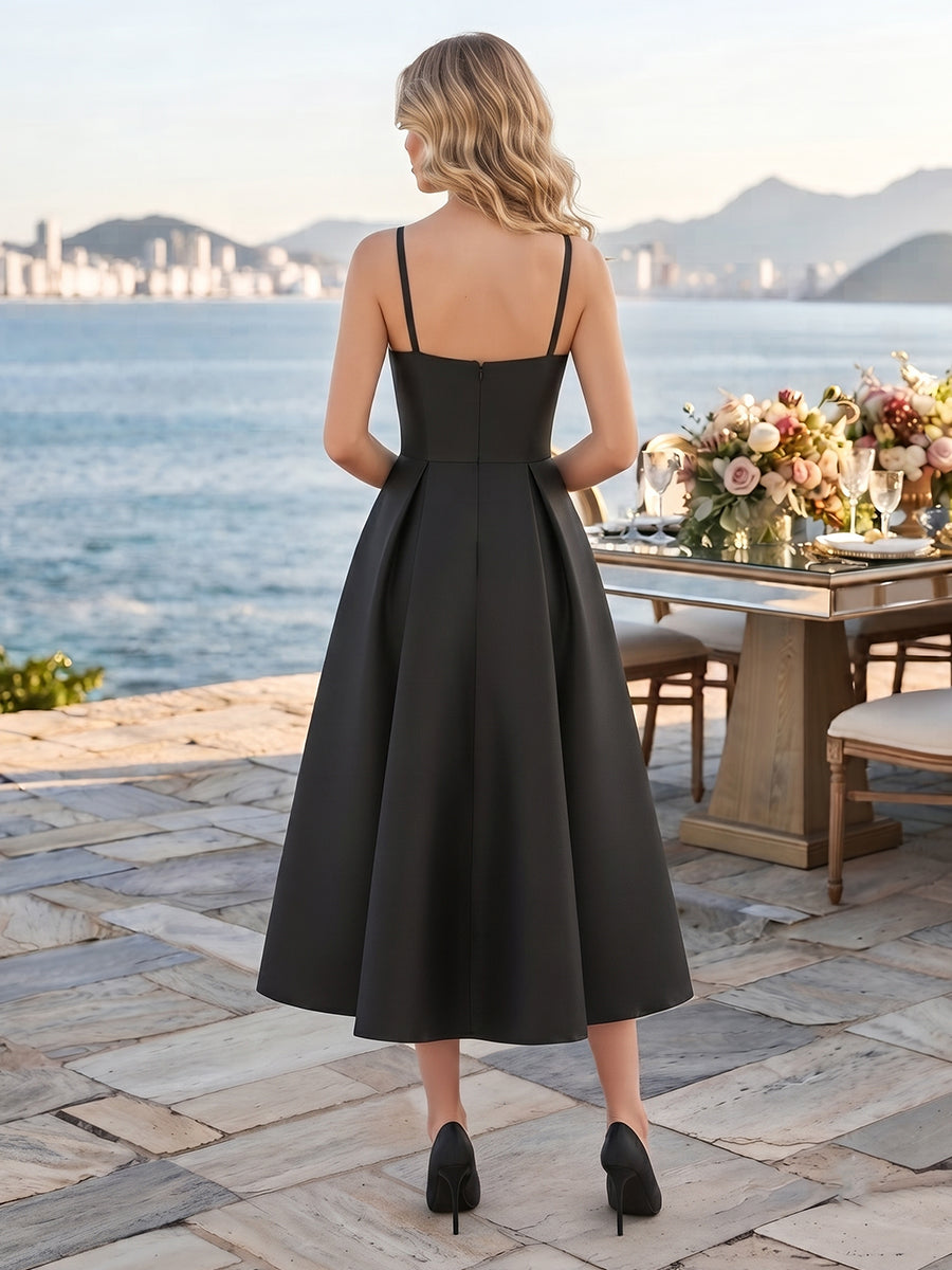 Satin A Line Strapless Sleeveless Tea Length Wedding Guest Dresses