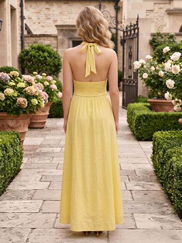 Satin A Line Halter Sleeveless Long Wedding Guest Dresses