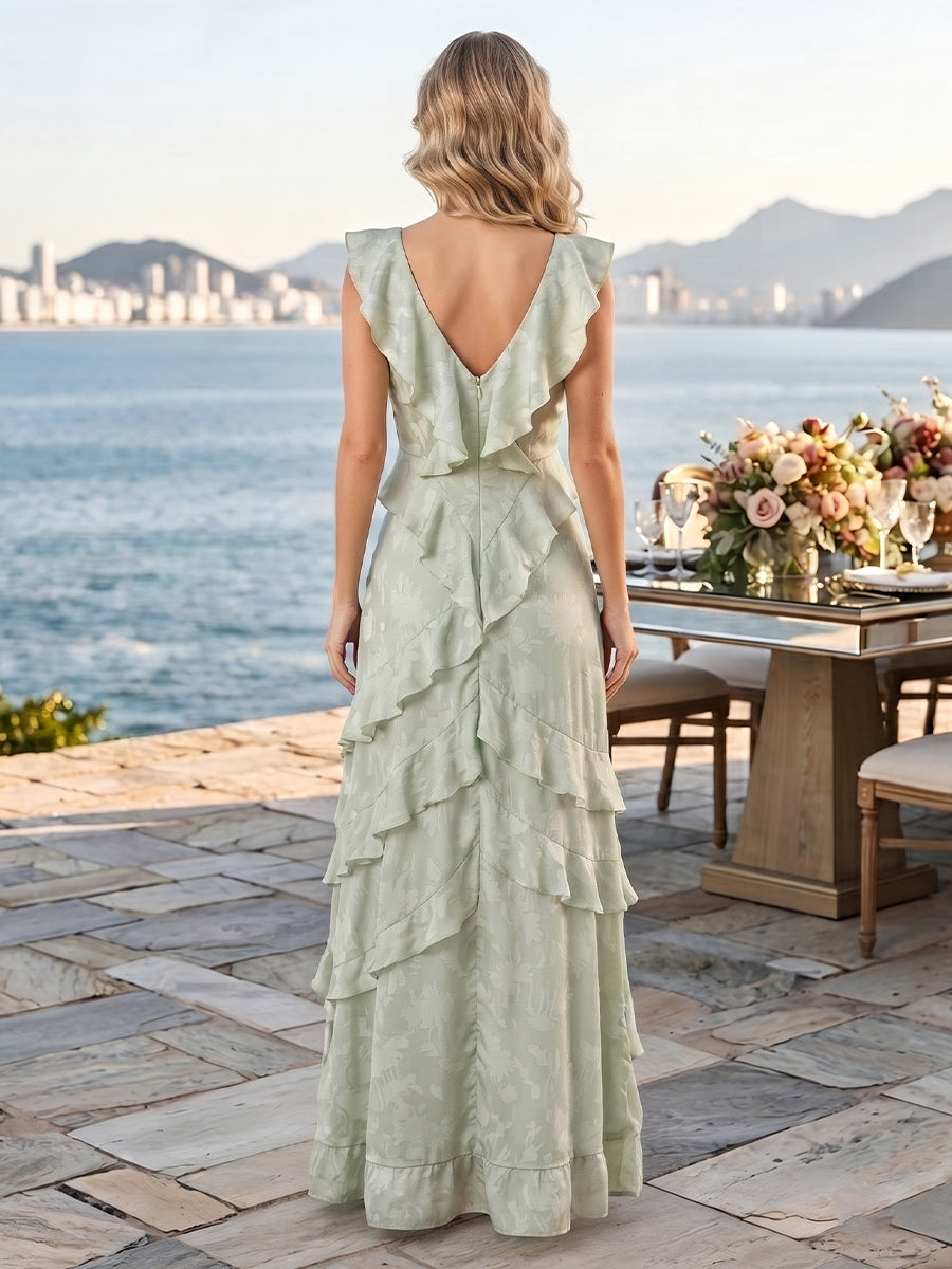 Jacquard V Neck Sleeveless Ruffles Long Wedding Guest Dresses with Slit