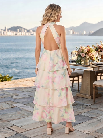 A Line Halter Sleeveless Floral Print Tiered Ruffles Wedding Guest Dresses