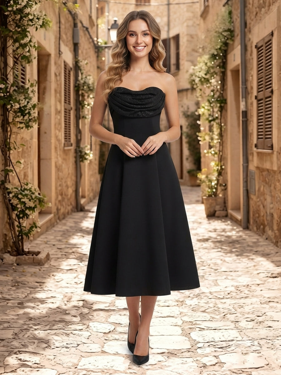 Satin A Line Strapless Sleeveless Long Wedding Guest Dresses