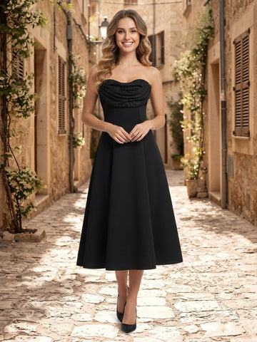 Satin A Line Strapless Sleeveless Long Wedding Guest Dresses