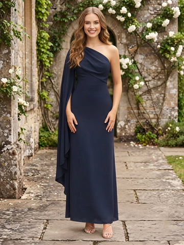 Chiffon One Shoulder Sleeveless A Line Long Wedding Guest Dresses with Cape
