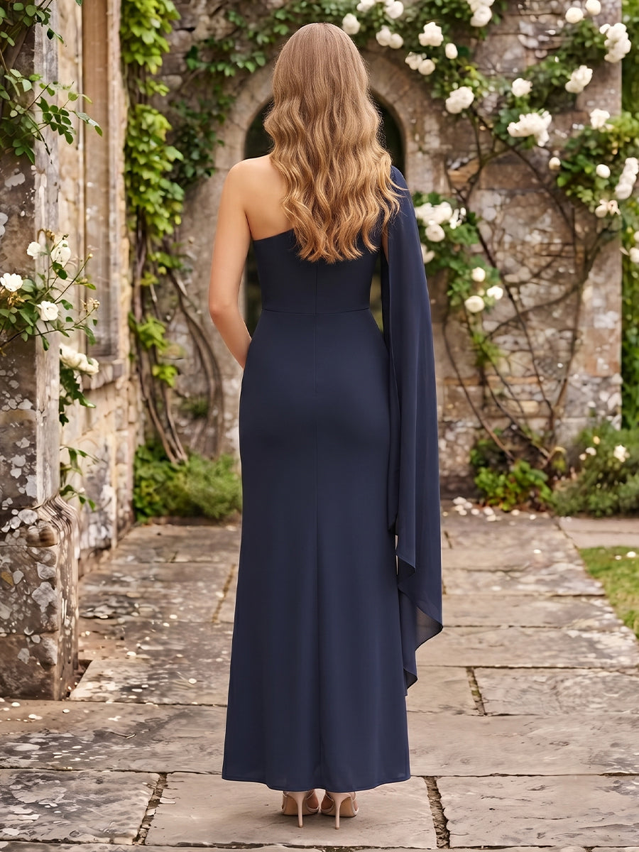 Chiffon One Shoulder Sleeveless A Line Long Wedding Guest Dresses with Cape