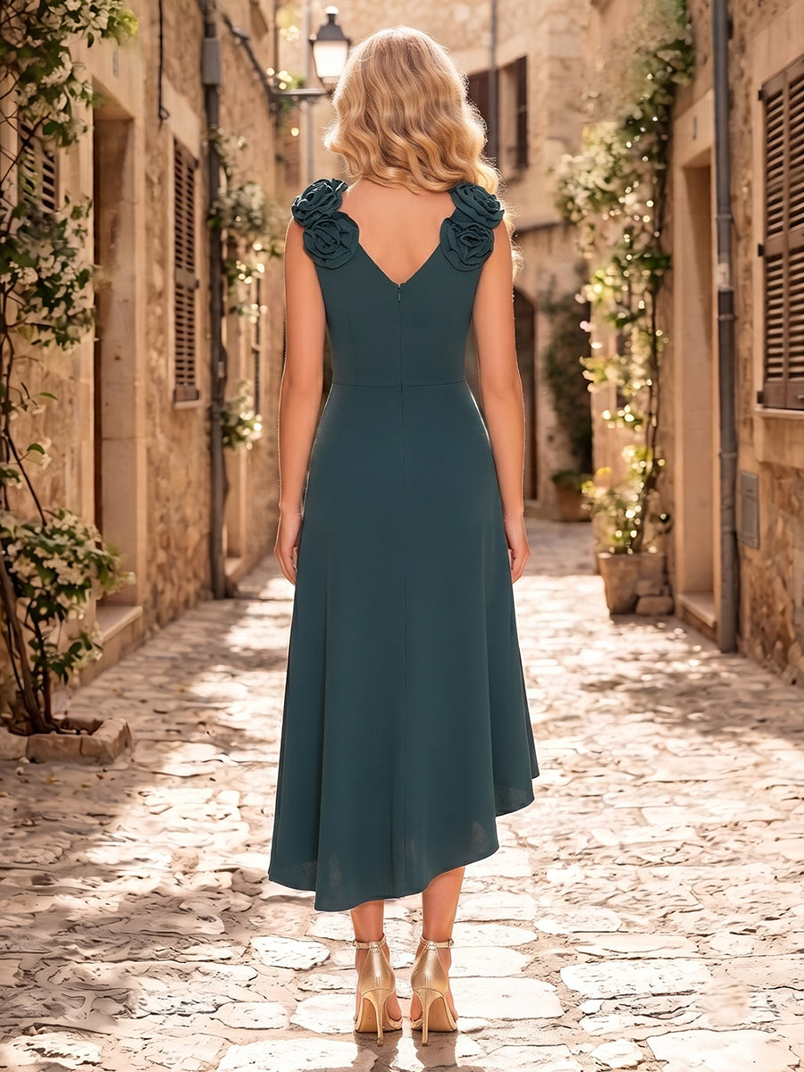 Satin A Line V Neck Ruffles Sleeveless Tea Wedding Guest Dresses