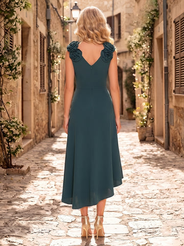 Satin A Line V Neck Ruffles Sleeveless Tea Wedding Guest Dresses