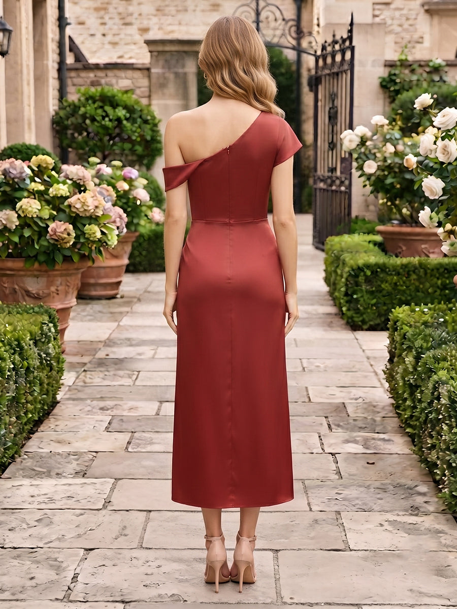 A Line Satin One Shoulder Cap Sleeves Tea Wedding Guest Dresses