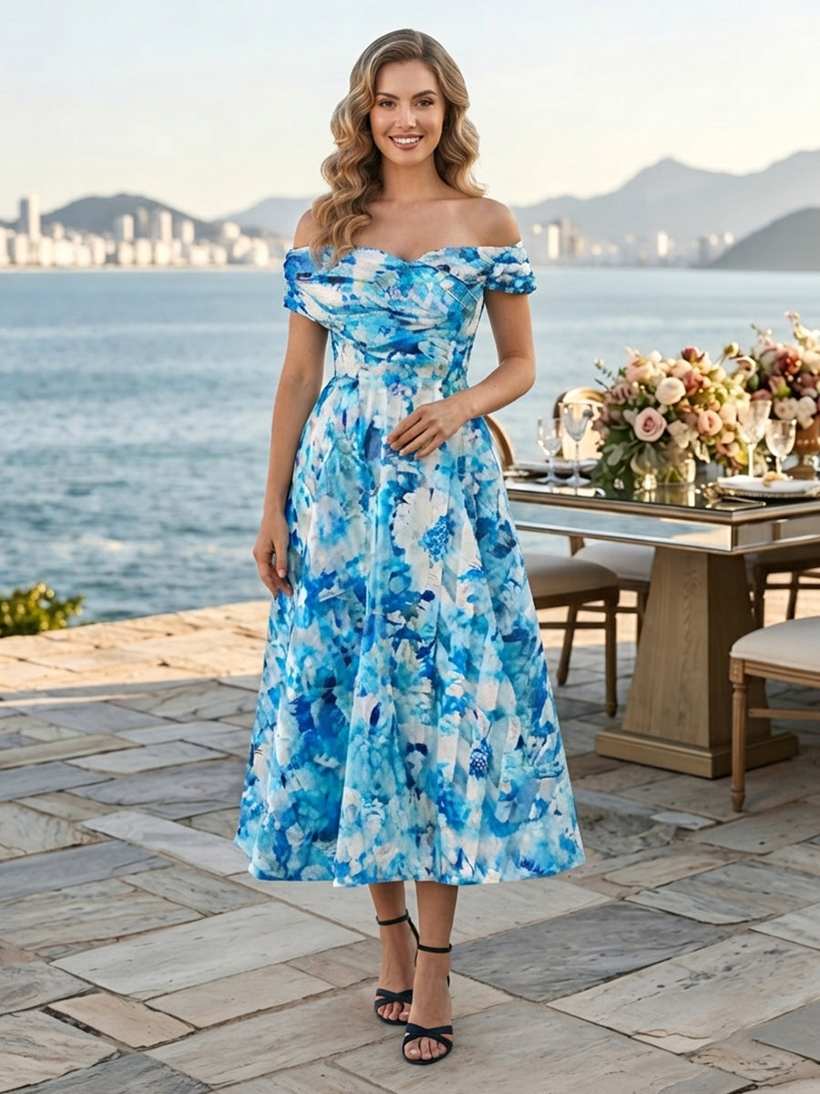 Floral Print A Line Off Shoulder Sleeveless Tea Wedding Guest Dresses