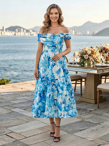 Floral Print A Line Off Shoulder Sleeveless Tea Wedding Guest Dresses