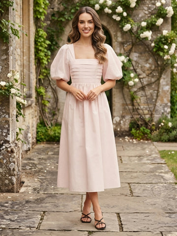 Chiffon Square Neck Puffy Sleeves Tea Wedding Guest Dresses