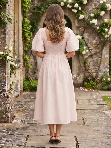 Chiffon Square Neck Puffy Sleeves Tea Wedding Guest Dresses