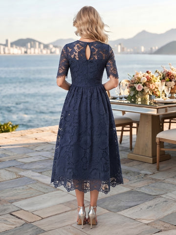 Lace Appliques A Line High Neck Short Sleeves Tea Wedding Guest Dresses