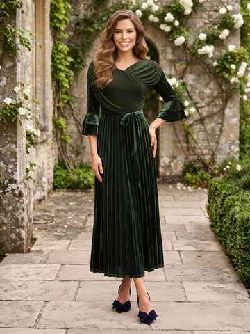 Velvet V Neck A Line Long Sleeves Long Wedding Guest Dresses with Pleated