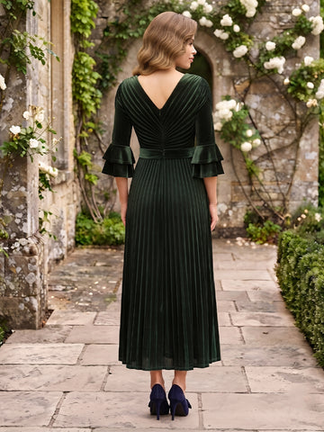 Velvet V Neck A Line Long Sleeves Long Wedding Guest Dresses with Pleated