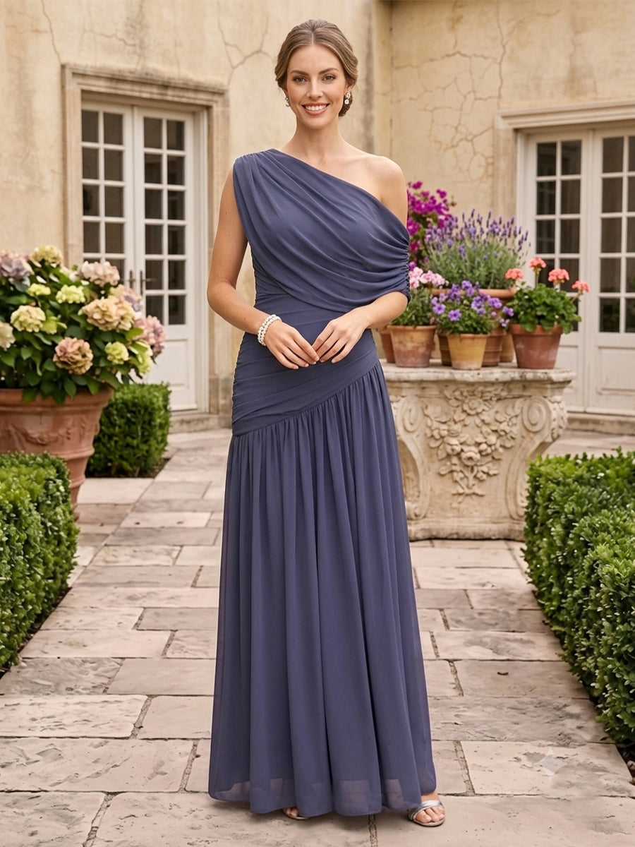 Chiffon One Shoulder A Line Long Wedding Guest Dresses